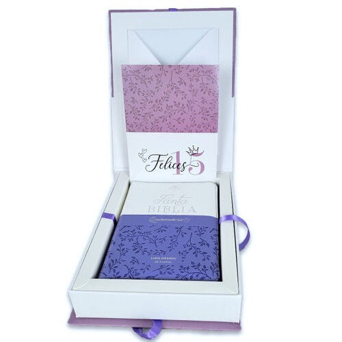 Biblia RVR60 Quinceañera Tamaño Portátil Lila/Blanco con caja de regalo