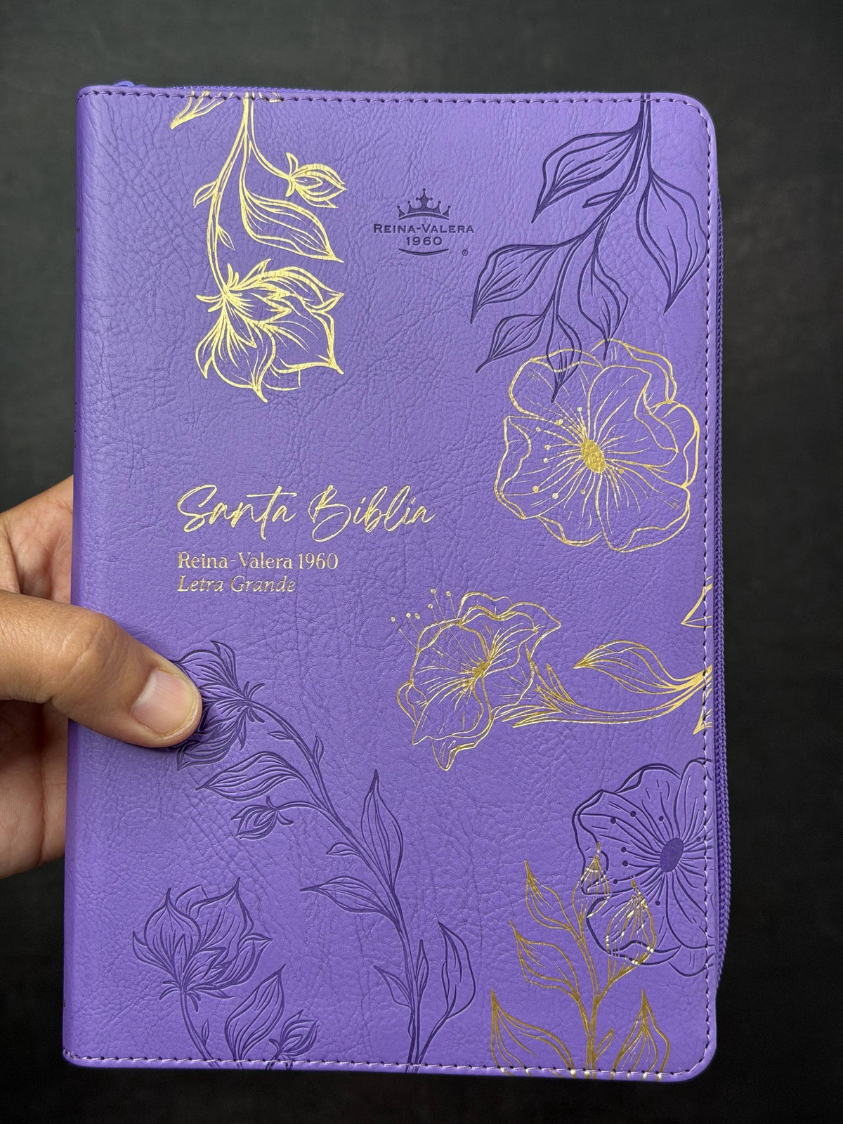 Biblia RVR60 de Obsequios y premios Morado con flor dorada con cierre