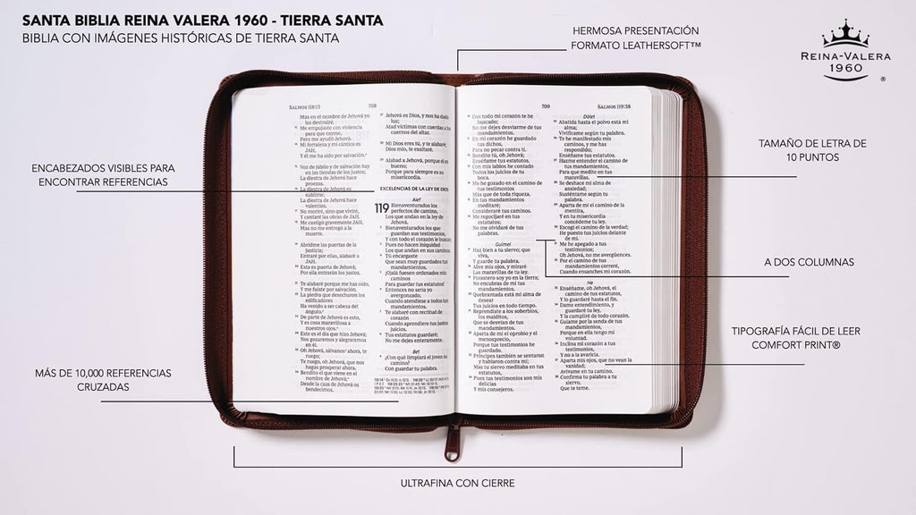Biblia RVR 1960 Ultrafina Tierra Santa Letra Grande Símil Piel Café con Cierre