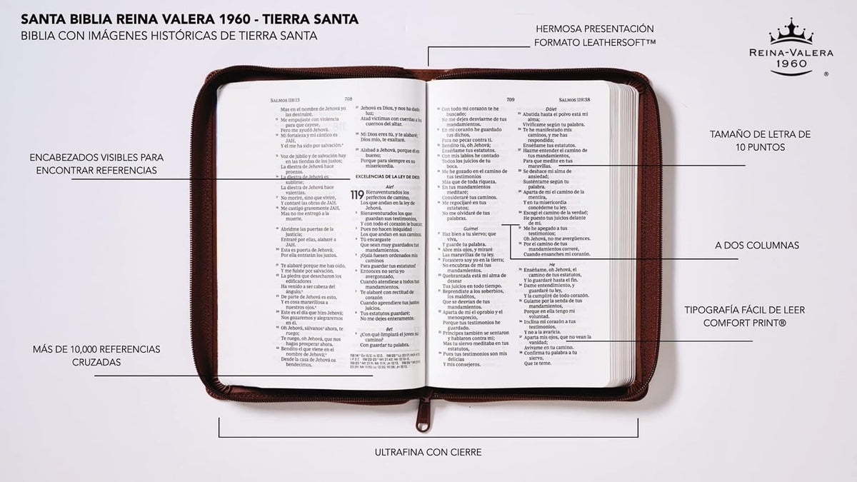 Biblia RVR 1960 Ultrafina Tierra Santa Letra Grande Símil Piel Café con Cierre